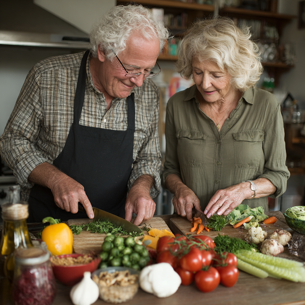 Senior couple preparing nutritious meal together